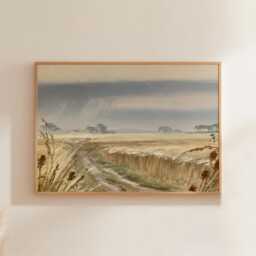 Farmhouse Field Poster, Neutral Landscape Print, Country Wall Art, Paper - thumbnail 1