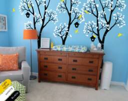 Tall Birch Trees Wall Decal - Birdhouses, Birds & Leaves Mural - thumbnail 1
