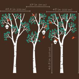 Tall Birch Trees Wall Decal - Birdhouses, Birds & Leaves Mural - thumbnail 2