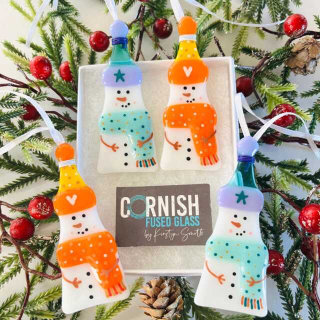 Cute Snowman Fused Glass Christmas Tree Decoration, Snowman Cornish Fused Glass, Cornwall - image 1