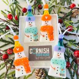 Cute Snowman Fused Glass Christmas Tree Decoration, Snowman Cornish Fused Glass, Cornwall - thumbnail 1