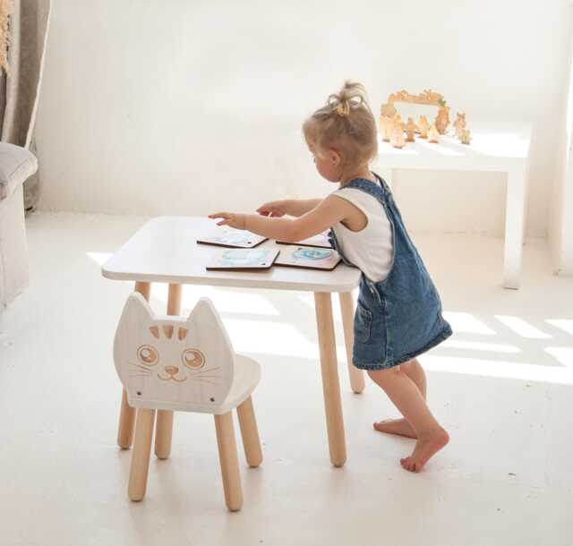 Personalized Chair Back Natural Wood, Beech Wood Kids White Chair, Toddler Name Kitty Shape, Custom Montessori Christmas Gift - image 1