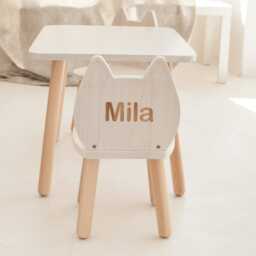 Personalized Chair Back Natural Wood, Beech Wood Kids White Chair, Toddler Name Kitty Shape, Custom Montessori Christmas Gift - thumbnail 2