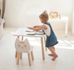 Personalized Chair Back Natural Wood, Beech Wood Kids White Chair, Toddler Name Kitty Shape, Custom Montessori Christmas Gift - thumbnail 1