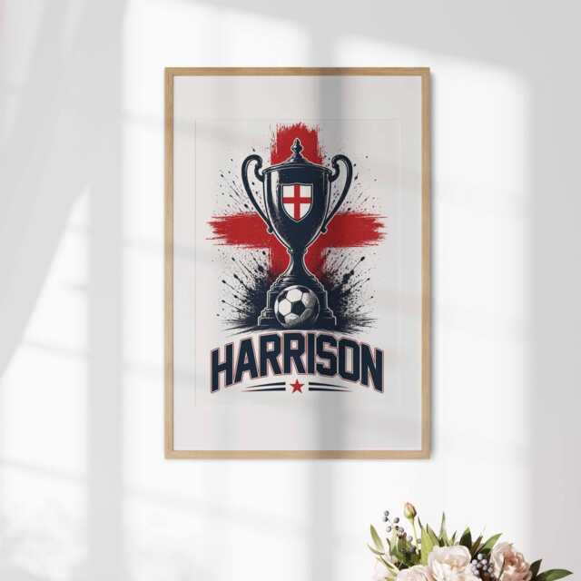 Personalised Name England Flag Wall Art Poster Football Trophy Supporter Decor St Georges Cross Sports Present Fan Custom Bedroom Gift Print - image 1