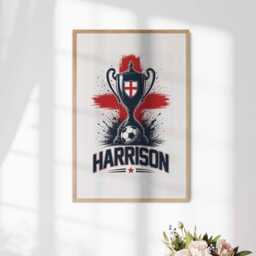 Personalised Name England Flag Wall Art Poster Football Trophy Supporter Decor St Georges Cross Sports Present Fan Custom Bedroom Gift Print - thumbnail 1