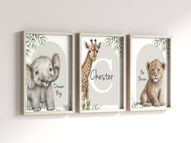Safari Elephant Giraffe Lion Animal Baby Girls Boys A4 Or A3 Nursery Unframed Personalised Prints Unisex Neutral Boho Beige Green Jungle - image 1