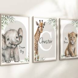 Safari Elephant Giraffe Lion Animal Baby Girls Boys A4 Or A3 Nursery Unframed Personalised Prints Unisex Neutral Boho Beige Green Jungle - thumbnail 3