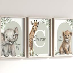 Safari Elephant Giraffe Lion Animal Baby Girls Boys A4 Or A3 Nursery Unframed Personalised Prints Unisex Neutral Boho Beige Green Jungle - thumbnail 2
