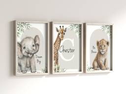 Safari Elephant Giraffe Lion Animal Baby Girls Boys A4 Or A3 Nursery Unframed Personalised Prints Unisex Neutral Boho Beige Green Jungle - thumbnail 1