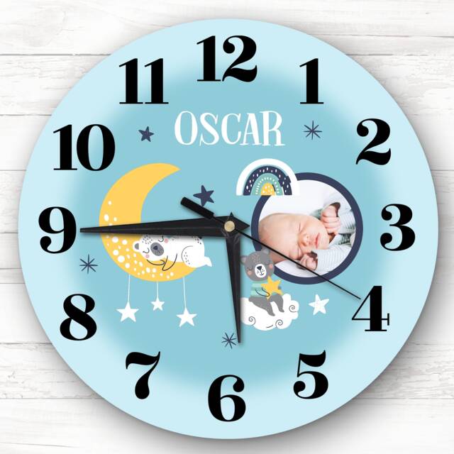 Baby Boys Nursery Room Moon Photo Blue Custom Gift Personalised Clock - image 1