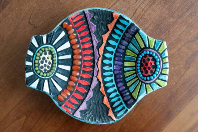 Small Footed Trinket Dish With Handles, Hand-Built & Hand-Carved Ceramic Mosaic Art Bowl - Mirrored Blossoms Made To Order - image 1