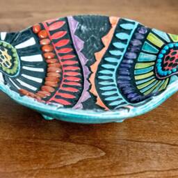Small Footed Trinket Dish With Handles, Hand-Built & Hand-Carved Ceramic Mosaic Art Bowl - Mirrored Blossoms Made To Order - thumbnail 3