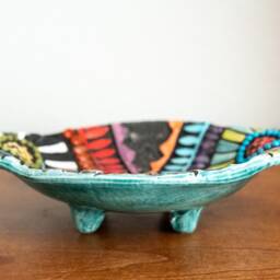 Small Footed Trinket Dish With Handles, Hand-Built & Hand-Carved Ceramic Mosaic Art Bowl - Mirrored Blossoms Made To Order - thumbnail 2