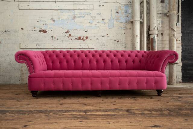British Handmade Large 4 Seater Soft Cerise Pink Velvet Chesterfield Sofa - image 1
