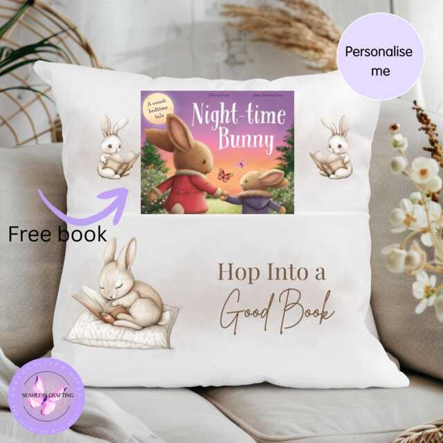 Personalised Bunny Reading Cushion, Children's Book Pillow With Pocket, Kids Gift, Woodland Nursery Decor UK - image 1
