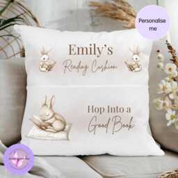 Personalised Bunny Reading Cushion, Children's Book Pillow With Pocket, Kids Gift, Woodland Nursery Decor UK - thumbnail 3