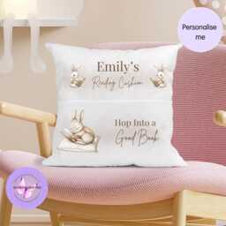 Personalised Bunny Reading Cushion, Children's Book Pillow With Pocket, Kids Gift, Woodland Nursery Decor UK - thumbnail 4