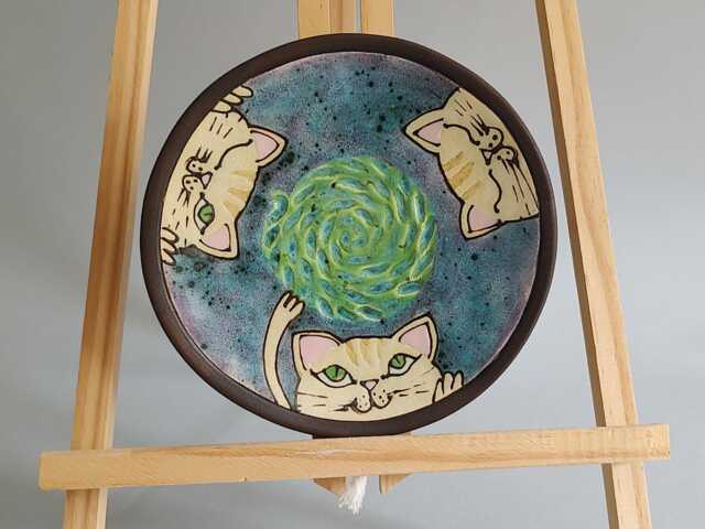 Handmade Ceramic Cat Dish Hand-Painted Kitty Plate Small Trinket Unique Art Pottery - image 1
