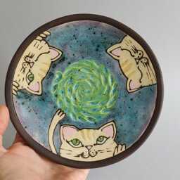 Handmade Ceramic Cat Dish Hand-Painted Kitty Plate Small Trinket Unique Art Pottery - thumbnail 2