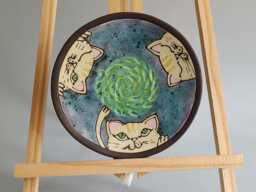Handmade Ceramic Cat Dish Hand-Painted Kitty Plate Small Trinket Unique Art Pottery - thumbnail 1
