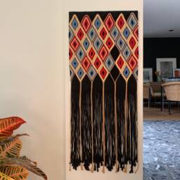 Fiber Art Wall Hanging Black Tapestry With Jewel Tones & Long Fringe - thumbnail 4