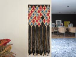 Fiber Art Wall Hanging Black Tapestry With Jewel Tones & Long Fringe