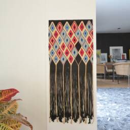 Fiber Art Wall Hanging Black Tapestry With Jewel Tones & Long Fringe - thumbnail 3