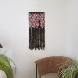 Fiber Art Wall Hanging Black Tapestry With Jewel Tones & Long Fringe - thumbnail 2