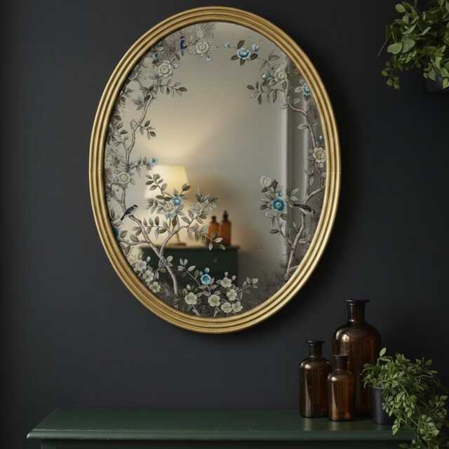 Gold Oval Botanical Mirror - Antiqued Reeded Frame Bird & Floral Glass Wall Vintage Style Hallway Bedroom H73cm W57cm - image 1