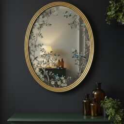 Gold Oval Botanical Mirror - Antiqued Reeded Frame Bird & Floral Glass Wall Vintage Style Hallway Bedroom H73cm W57cm