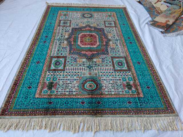 Handwoven Wool Mamluk Rug Grey & Turquoise Oriental Carpet - 8.2 X 5.8 Ft - image 1