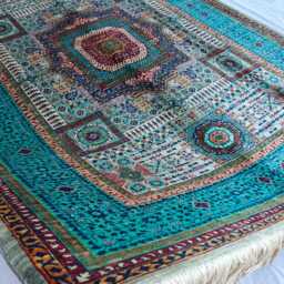 Handwoven Wool Mamluk Rug Grey & Turquoise Oriental Carpet - 8.2 X 5.8 Ft - thumbnail 2