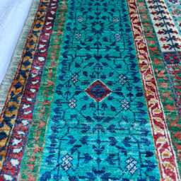 Handwoven Wool Mamluk Rug Grey & Turquoise Oriental Carpet - 8.2 X 5.8 Ft - thumbnail 3