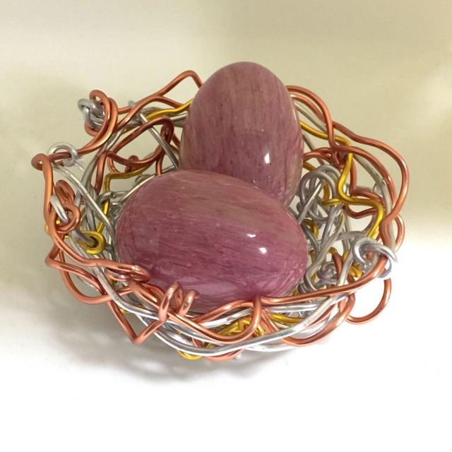 Mixed Metal Wire Bird Nest With Rhodochrosite Eggs - image 1
