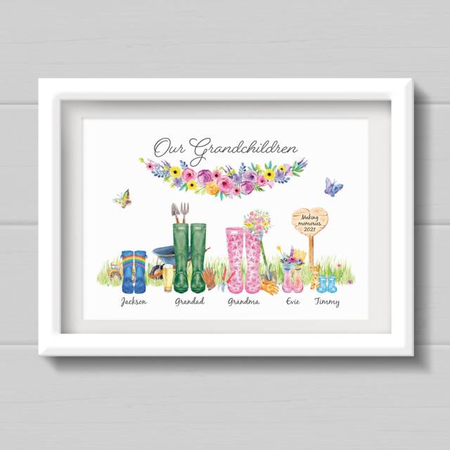 Gardening Themed Personalised Welly Boot Print From Grandchildren. Present For Grandad, Grandma, Nan, Gran - image 1