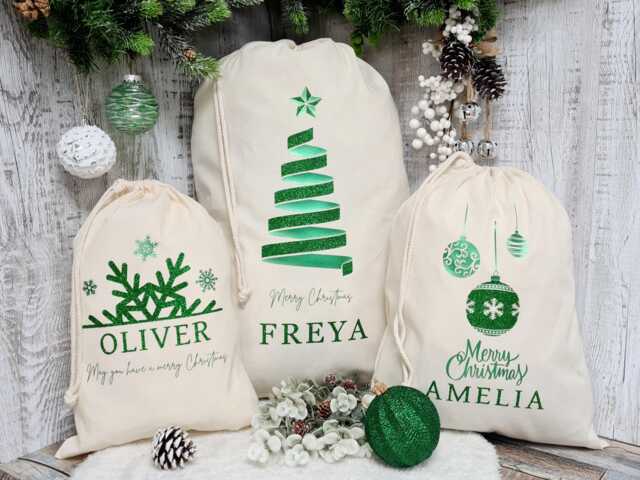 Personalised Christmas Stocking, Present Sack With Name, Luxury Santa in Green, Stylish Eve Gift Bag For Him Her - image 1