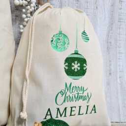 Personalised Christmas Stocking, Present Sack With Name, Luxury Santa in Green, Stylish Eve Gift Bag For Him Her - thumbnail 3