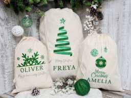 Personalised Christmas Stocking, Present Sack With Name, Luxury Santa in Green, Stylish Eve Gift Bag For Him Her