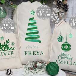 Personalised Christmas Stocking, Present Sack With Name, Luxury Santa in Green, Stylish Eve Gift Bag For Him Her - thumbnail 2
