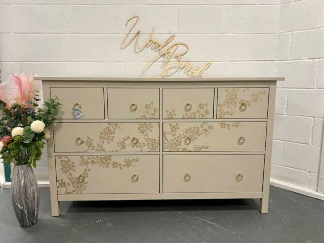 Large Painted Chest Of Drawers Merchant Taupe Gold Cherry Blossom Ring Handles - image 1