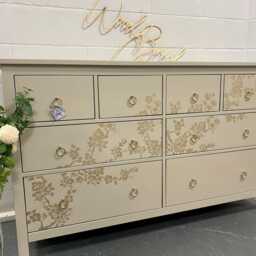 Large Painted Chest Of Drawers Merchant Taupe Gold Cherry Blossom Ring Handles - thumbnail 2