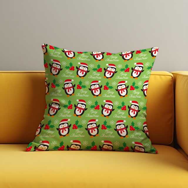 Christmas Cushion Cover With Cute Penguin Print, Green Holiday Throw Pillowcase, Festive Winter Decorative Case, Sofa & Home Decor - image 1