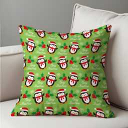 Christmas Cushion Cover With Cute Penguin Print, Green Holiday Throw Pillowcase, Festive Winter Decorative Case, Sofa & Home Decor - thumbnail 4