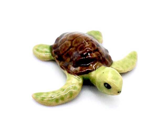 Miniature Ceramic Turtle Baby Reptile Sea Animal Little Brown Green Figurine Tiny Statue Small Decoration Hand Painted Collectible Figure - image 1