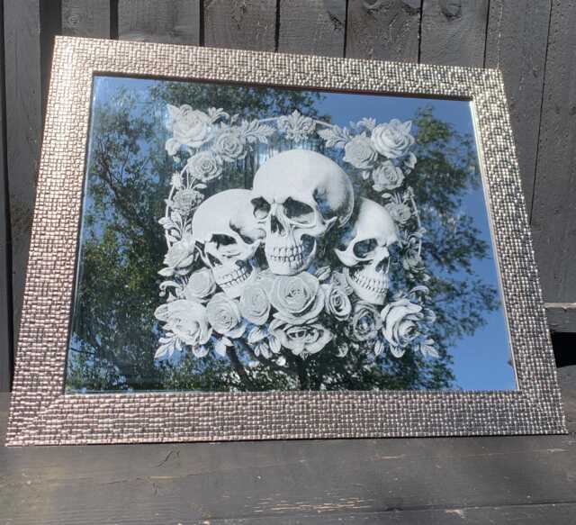 Deluxe Skull & Rose Engraved Mirror Etched Wall Decor Personalised Silver Goth Tattoo, Gothic, Home, Art, Large, Xl Mosaic Floral Flowers - image 1