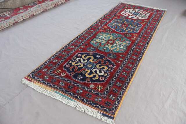 3x8'4 Ft Runner Rug, Red Tribal Kazak Afghan Oriental Handmade Wool Rug - Natural Dyes Geometric Hallway - image 1