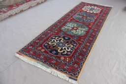 3x8'4 Ft Runner Rug, Red Tribal Kazak Afghan Oriental Handmade Wool Rug - Natural Dyes Geometric Hallway - thumbnail 1