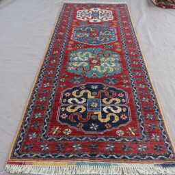 3x8'4 Ft Runner Rug, Red Tribal Kazak Afghan Oriental Handmade Wool Rug - Natural Dyes Geometric Hallway - thumbnail 2