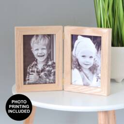 Solid Oak Hinged Double Photo Frame Grandparent Gift - Photo Printing Included